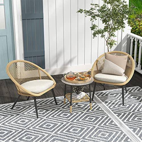 Grand patio gartenmöbel Set für 2 Personen, bistroset 3 teilig Wetterfest, Garten balkonset Rattan mit Tisch und Sitzkissen Outdoor, Braun