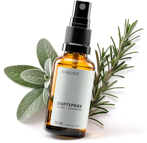 NAKURA® Bio Raumspray SALBEI – ROSMARIN 30 ml – Duftspray mit ätherischen Ölen – Lufterfrischer für Wohnzimmer, Bad & Büro – 100% naturrein, ohne synthetische Duftstoffe – Reisegröße Kräuterduft
