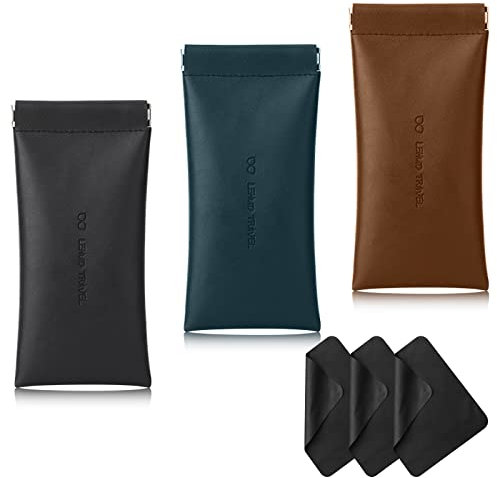 NCOALE Brillenetui Leder, 3 Stück PU Sonnenbrillen Etui Weich Brillenhülle Herren mit 3 Brillenputztuch, Quetschoberteil Sonnenbrille Brillen Etui Tragbar Brillentasche Flach Brillenbeutel