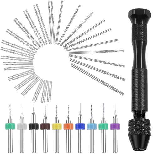 Swpeet Il set di 57 punte per trapano a mano include morsa a perno, 46 punte elicoidali e 10 mini trapani, mini trapano a mano per lavorazione del legno PCB per resina noce (punte colorate da 0,1-1