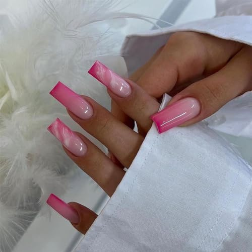 Angwis 24pcs Long Coffin False Nails French Tip Hot Pink White Ombre Press on Nails Ballerina Stick on Nail Marble Style Removable Glue-on Acrylic Full Cover Fake Nail Art Accessories for Women