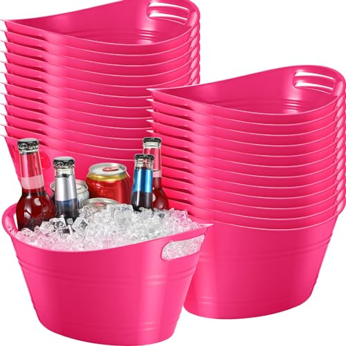 Norme 24 Pcs Oval Storage Tub with Handles, 4.5l Plastic Ice Buckets Bulk for Wine Beer Champagne Drink Cooler Beverage Storage Tub for Parties BBQ Weddings Party Outdoor Celebration(Rose Red)