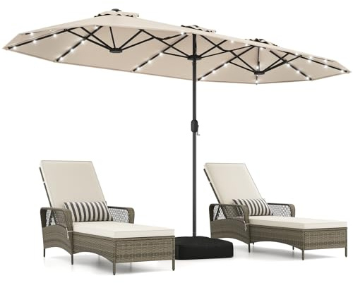 COSTWAY Parasol de Jardin Exterieur avec Pied 4 x 2 m avec LED (Beige) | Parasol Double Rectangulaire avec Manivelle, 2 Sacs de Sable, 8 Personnes, Protection Solaire, pour Terrasse, Patio
