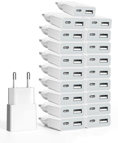 USB Ladegerät 5W Slim Ladestecker Netzteil 5V 1A 2Port USB C+ USB A Netzstecker Adapter, Steckdosenadapter für iPhone,eBook Reader, Xperia, MP3, Smartphone（Weiß） (Thickness 1.45cm/20packs)