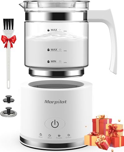 Montalatte Elettrico, Morpilot Milk Frother in Vetro, Spegnimento Automatico, 4 in 1 Funzione, Capacità 250ml Cappuccino o 500 ml Latte Caldo, Design Diviso, Bianco