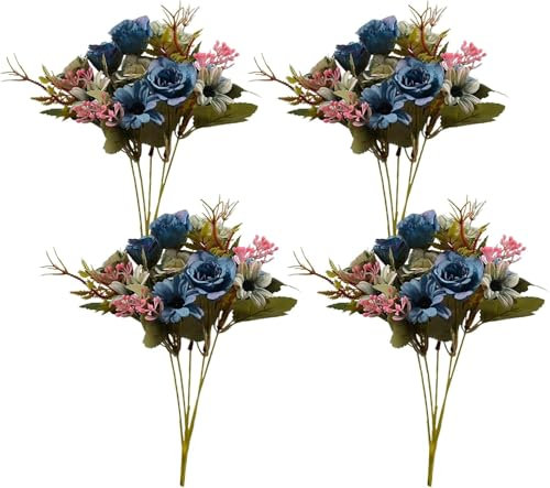 4 x künstliche Rosenstrauß, künstliche Herbstrosen, Gänseblümchen-Griff, Blumenstrauß mit Rosen, Gänseblümchen für Thanksgiving, Party, Heimdekoration (blau)