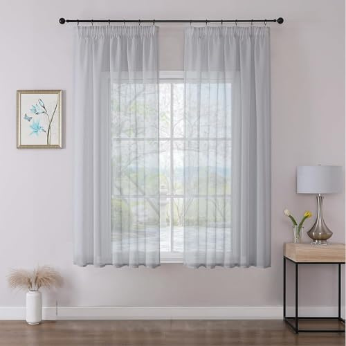 Joydeco 2er Set H145 x B140 cm Graublaue Transparente Kurz Schien Gardinen Sheer Voile Vorhänge für Schienensystem mit Kräuselband Vorhang Polyester Durchlässig Curtains Modern Schlafzimmer Wohnzimmer