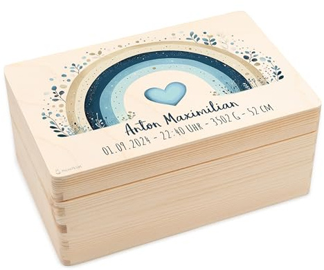Erinnerungsbox Baby personalisiert - Geburtsgeschenk Junge mit Namen | Datum, Babykiste Holz 30x20x14cm, Geschenk Neugeborenes Junge zur Geburt Taufe, Boho Regenbogen