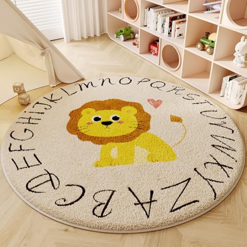 champracer Runder Weicher Kinderteppich, Cartoon Plüsch-Teppich für Kinderzimmer Jungen, Verdickte Lammwollimitat Teppich, Babyzimmer Teppiche Matte Runden Löwe für Schlafzimmer (Alphabet Löwe,60cm)