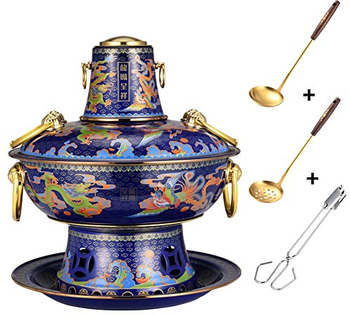 DLAZUM Pentola Calda in Cloisonne, pentola di Rame per Uso Domestico in Stile Antico, pentola Calda in Rame smaltato Color Montone, shabu-shabu riscaldato uniformemente, Blu (Blu)