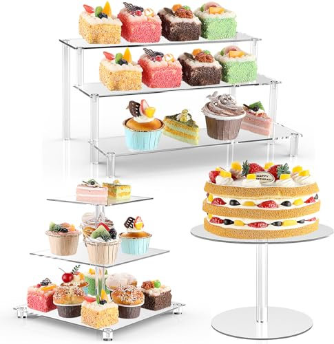 Willinglong 3 Pcs Acrylic Cupcake Stand Dessert Display Stands 3 Styles Cupcake Tower Holder 3 Tier Cupcake Containers Round Dessert Table Display for Holiday, Party, Wedding, Birthday, Baby Shower