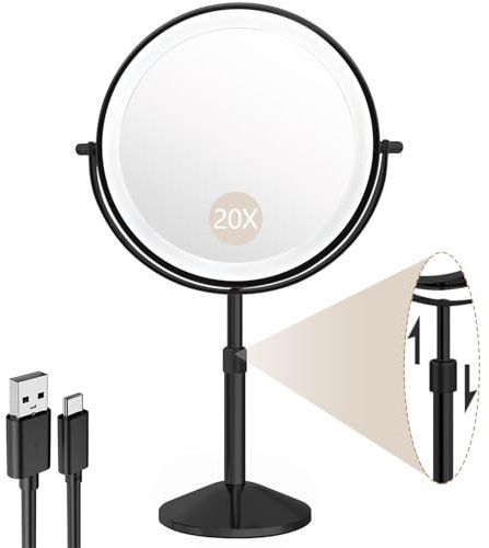 BTremary Schminkspiegel mit Beleuchtung 8, 20fach Vergrößerungsspiegel mit Licht, Höhenverstellbar Spiegel mit Beleuchtung for Badezimmer, 360° Drehbar Kosmetikspiegel mit Vergrößerung für Details.