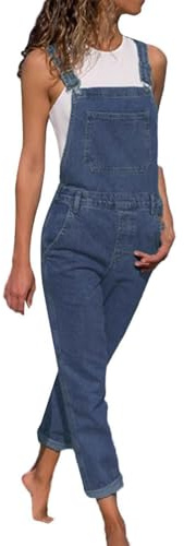 Generisch Latzhose Jeans Damen Blau Baggy Lang Modische Blaumann Mit Verstellbaren Trägern Bequeme Arbeitslatzhose Taschen Hell Weit Ärmellos Locker Geschnitten Lässig Lange Elegante Jeanshose
