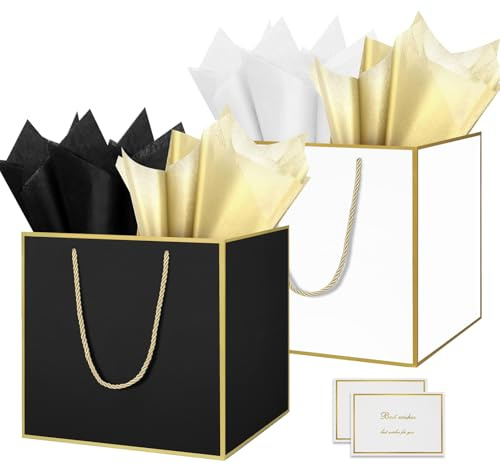 HONTIUS 11.8 Quadratische Geschenktüten, Geschenktüten Groß Geschenktüte xxl mit Taschentuch und Karten, Goldene Linie Geschenk Tüte Papiertüten mit Henkel 30 * 30 * 30cm Gift Bag Bags 2 Stück G