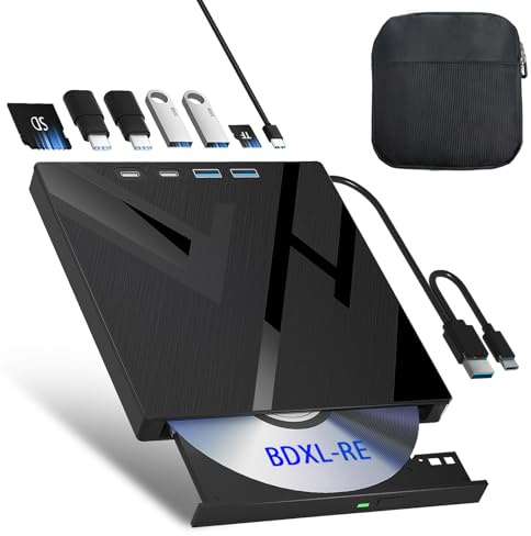 7 in 1 External Blu Ray Drive, External Blueray/DVD Drive for PC with SD/TF Port Blu Ray Burner, Support 100G Disc External Blu Ray Drive for Windows Linux MacOS Laptop Desktop(with Carring Case)