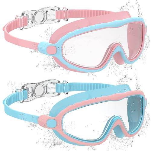 Ambienden 2 st barn simglasögon, anti-dimma med klar syn, UV-skydd, silikontätning, stor ram unisex simglasögon för barn 6–14 år, blå-rosa och rosa blå