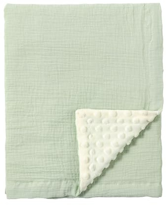 CREVENT Organic Muslin Cotton Baby Blanket for Newborns, Soft Mink Backing, Essential for Baby Shower Birthday Gift - Green 75X100cm