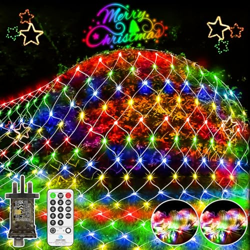 2 Pack Total 600 LED Christmas Net Lights Outdoor 3Mx1.8M Mesh Fairy Lights Plug in with Remote Timer 8 Modes Connectable for Outside Bush Tree Garden Yard Patio Wall Decorations-Multicoloured