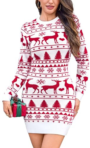 Totatuit Pull de Noël Femme Élégant Robe Pull Ajustée Mode Festive Col Rond Manches Longues Hiver Blanc，S