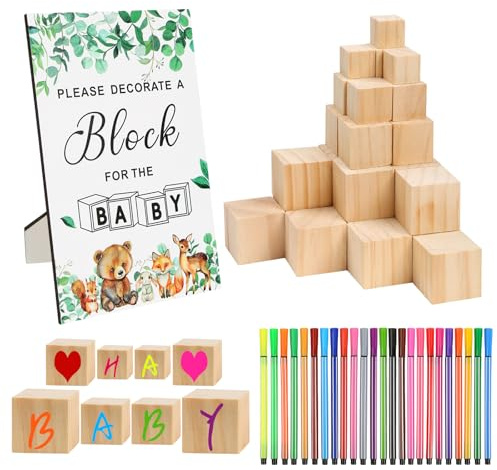 55 Stück Babyparty Spiele Set, Baby Party Spiele Set - 30 Bauklötze Bemalen Babyparty in 4 Größen, 24 Acrylfarben-Marker und 1 Spielschild, Babyshowerparty Deko für Baby Shower Spiele Mädchen Jungen