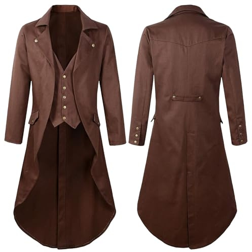 WAZHAKU Manteau de frack gothique pour homme - Cardigan steampunk - Costume médiéval - Veste victorienne - Vêtement élégant - Veste d'Halloween - Uniforme cosplay - Smoking Vintage, R marron, XL