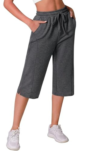 Crewhpo Womens Joggers 3/4 Length Capri Sweatpants Cropped Trousers | Elastic Waist, Drawstring, Side Pockets, Straight Leg, Solid Colour, Tracksuit Bottoms, Jogging, Running, Summer Casual
