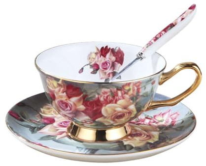 EXCEART Set Tazze da Caffè in Ceramica con Piattino, Design Europeo con Bordo Dorato, Tazza da Tè Decorativa Ergonomica per Casa, Bar e Ristoranti, per Cappuccino e Espresso