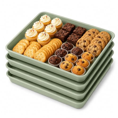 URMONA Bandeja de Servicio de Plástico BPA Free, Set 4 Piezas, Plato para Servir para Buffet y Fiesta, Bandeja para Snacks y Galletas, Ligera para Cocina (36×26 CM,Verde)