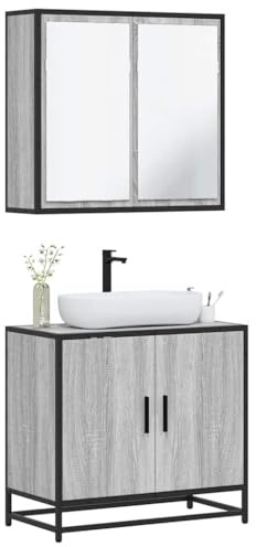 VIHHQGC Set di mobili da bagno Sonoma grigio in legno con mobiletto lavabo e armadietto a specchio per montaggio a parete, design industriale, resistente all'umidità