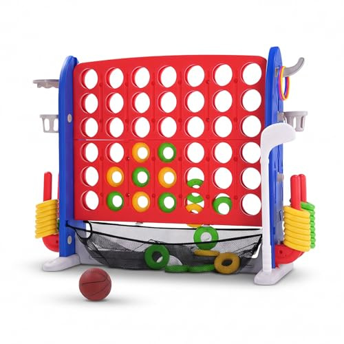 TUFSPRAX 4-in-1 Riesen 4 Gewinnt Spiel – Höhenverstellbar, mit Schnelllöse-Schieber, Basketballkorb, Golf & Ringwurf – Familienspiel für Kinder & Erwachsene – Tragbar – Rotes Hauptbrett mit blauen