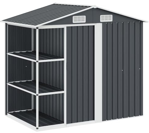 Casetta da giardino con scaffale, 205 x 130 x 183 cm, in ferro antracite | telaio in acciaio, protezione dalla corrosione, per riporre attrezzi da giardino, resistente alle intemperie