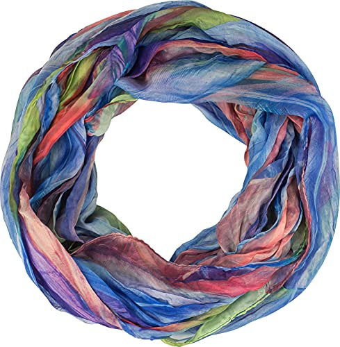 fashionchimp Loop Schlauchschal für Damen mit Feder-Muster in Batik Style, Crash and Crinkle, Seide, Schal (Blau-Bunt)