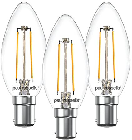 paul russells LED Candle Filament Light – 2.5W 25W Equivalent Replacement, 250LM Lumens, 2700K Warm White, SBC B15 Small Bayonet Cap C35 Bulbs – Bright Energy Saving Non-Dimmable Lamps - 3 Pack