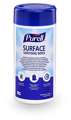 Purell Surface Sanitizing Wipes, 100 Count Canister - Unscented Food Contact Sanitizing Wipes - Kills 99.999% of Most Harmful Germs - No Rinse Required