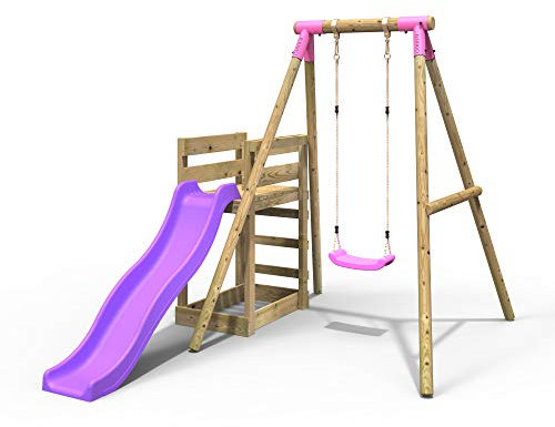Rebo® Wooden Swing Set Plus Deck and Slide - Solar Pink | OutdoorToys | Kids' Outdoor Wooden Play Equipment for Gardens, Frame and Accessories Included, Weather Resistant