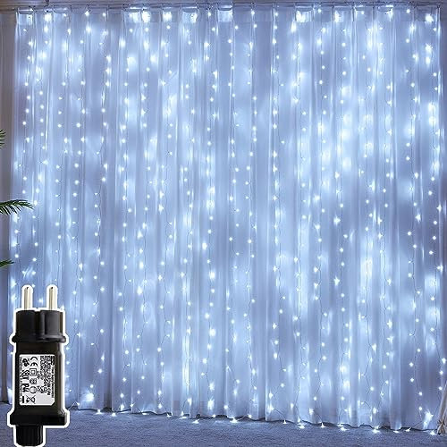 Cortina de Luces, 300 LED 3M * 3M 8 modos Cadena de luz Blanca Cálida Resistente al Agua, IP44, Adecuada para Cortinas, Aleros, Fiestas, Jardín, Arboles, Navidad, Bodas y Halloween Decorar