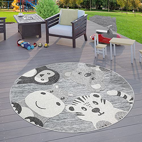 TT Home Kinderzimmer Kinder Outdoor Teppich Rund Spielteppich Tier Design Grau, Größe:200 cm Rund