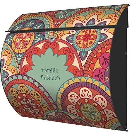 banjado® Burgwächter® Briefkasten anthrazit aus Stahl mit Motiv Rosetten/Briefkasten mit Namen personalisierbar/Briefkasten ohne Zeitungsfach mit Kippdach & Öffnungsstopp, 2 Schlüssel