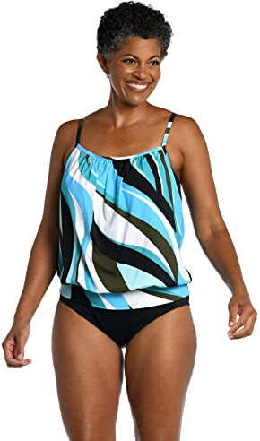 Maxine Of Hollywood Women's Standard Bandeau Tankini Swimsuit Top, Multi//Retro Wave, 14