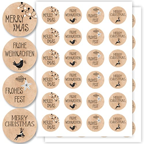 Aufkleber für Weihnachten (48 Sticker) - Weihnachtsaufkleber zum Beschriften für Geschenke - Weihnachtssticker Rund - Weihnachts Etiketten für Beschriftung - Selbstklebend - Kraftpapier-Optik Floral