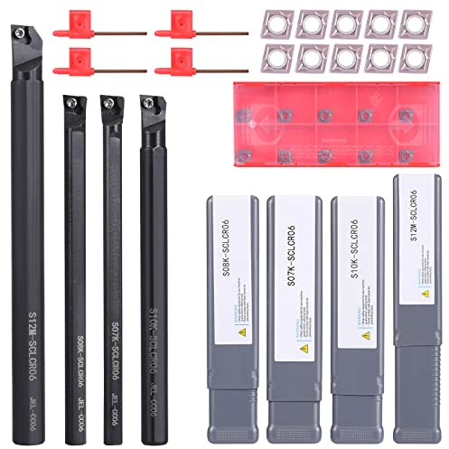 VerRich Drehwerkzeughalter-Set, 4 Stück S07K/S08K/S10K/S12M-SCLCR06 Drehmeißelbohrstange mit 10 Hartmetall-Einsätzen CCMT060204 + 4 Schraubenschlüsseln