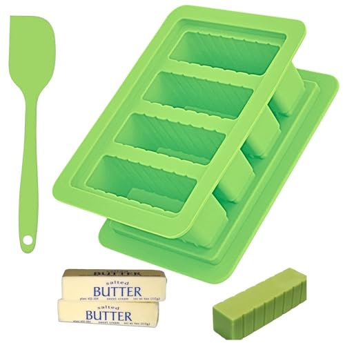 Molde de silicona para mantequilla (LXE02.2) y espátula de silicona – Bandeja de mantequilla de silicona con tapa, 4 formas de palo para hacer velas de mantequilla de hierbas para hornear galletas