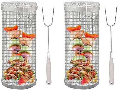 BAtlam Rundes Grillzubehör, Edelstahl-Drahtgeflecht, zylindrischer Grillkorb, Outdoor-BBQ-Grillnetz, tragbares Outdoor-Camping-Grillgestell (Größe: klein, Farbe: 2 Stück) (2 Stück L)
