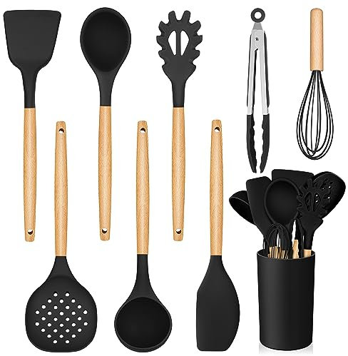Homikit Küchenutensilien Set, 9-teiliges Schwarz Silikon Küchenhelfer Kochutensilien mit Holzgriff, Hitzebeständiger Kochbesteck mit Utensilienhalter, Antihaft Pfannenwender, Leicht zu Reinigen