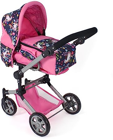 Bayer Chic 2000 - Puppenwagen Jara, 2in1 Kombipuppenwagen mit herausnehmbarer Tragetasche, Puppenkinderwagen für Kinder von 4 bis 8 Jahren, Einhorn, Navy-pink