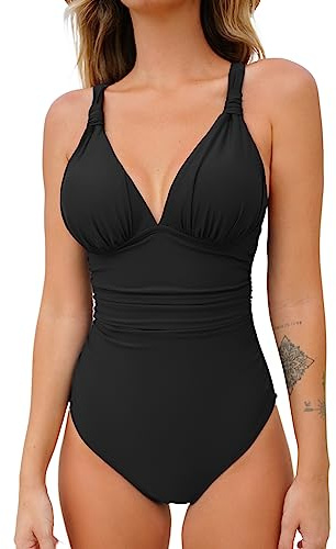 CUPSHE Damen Badeanzug V Ausschnitt Raffungen Bauchweg Crossback Zierausschnitt Einteilige Bademode Swimsuit Schwarz M