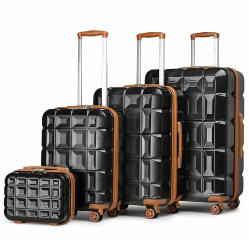 KONO Koffer Set 4-Teilig - Hartschalenkoffer mit Zwillingsrollen, TSA-Schloss, ABS-Material, Beautycase (Schwarz/Braun)