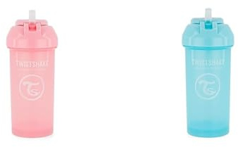 2x Twistshake Straw Cup Auslaufsicher Trinklernflasche mit Weicher Trinkhalm 360 ml, Strohhalmbecher für Kinder, ab 6 Monaten, Pastellblau & Pastellrosa