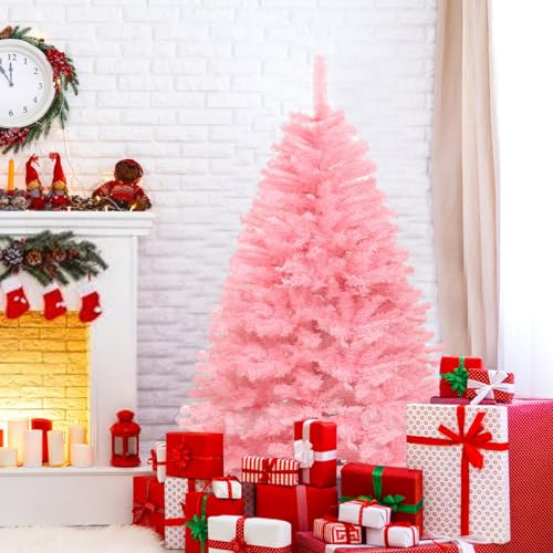 Árbol de Navidad artificial rosa de 1,8 m, árbol de Navidad artificial flocado sin luz con 600 puntas de ramas de PVC, árbol de Navidad extraíble con soporte de metal, decoración de Navidad para