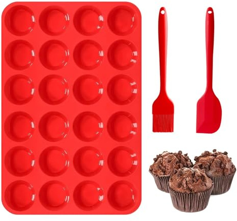 Moule Silicone Patisserie pour Muffins et Cupcakes - 24 Cavités avec Spatule et Pinceau à Huile, pour Brownies (32×22×2.5cm)